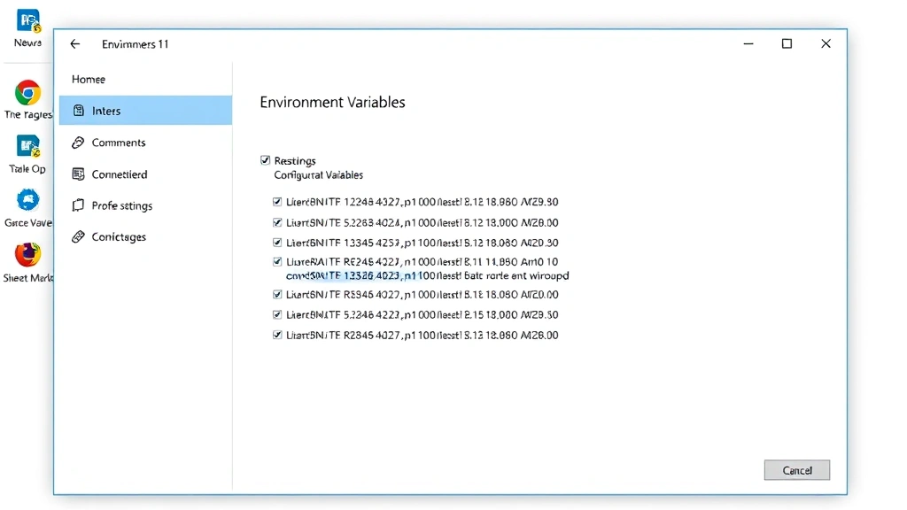 Photorealistic Windows 11 system settings dialog showing environment variables configuration panel with multiple variable entries, blue highlight, clean desktop background, professional UI design