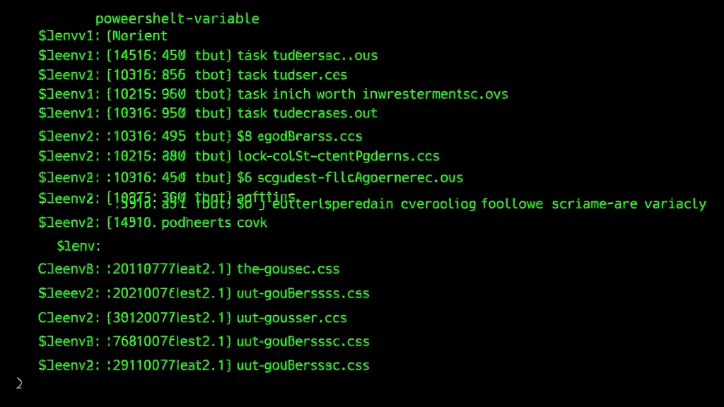 Detailed photograph of computer terminal window displaying PowerShell commands and environment variable output, green text on dark background, showing $env: commands and variable listings