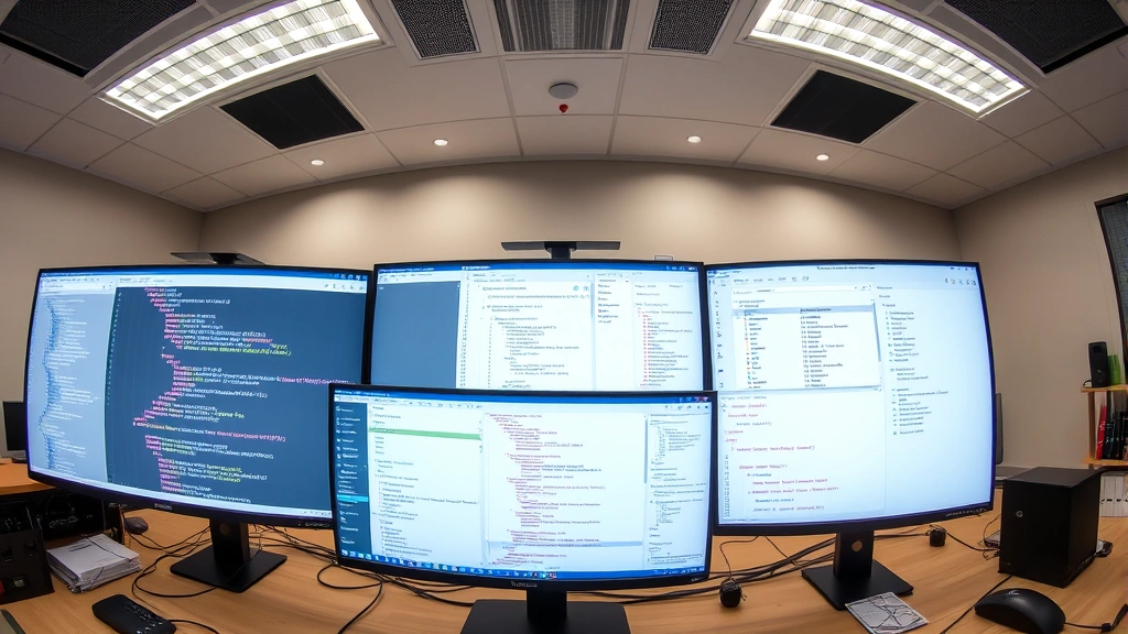 Wide-angle view of developer workstation with multiple monitors displaying code editor, command prompt, and system settings, showing integrated development environment workflow with configuration tools visible