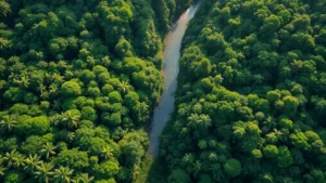 Photorealistic aerial view of pristine tropical rainforest canopy with river winding through dense green vegetation, sunlight filtering through layers of trees, no visible text or human structures, emphasizing natural ecosystem complexity and carbon sequestration value
