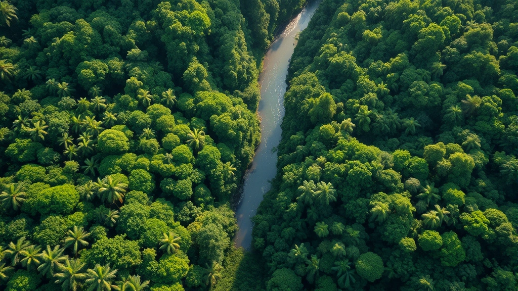 Photorealistic aerial view of pristine tropical rainforest canopy with river winding through dense green vegetation, sunlight filtering through layers of trees, no visible text or human structures, emphasizing natural ecosystem complexity and carbon sequestration value