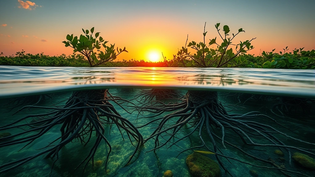 Photorealistic image of coastal mangrove ecosystem at sunset with tangled root systems visible in shallow water, fish and wildlife habitat shown through water clarity, storm surge protection evident in natural barrier formation, no text overlays, showing interconnected ecosystem services