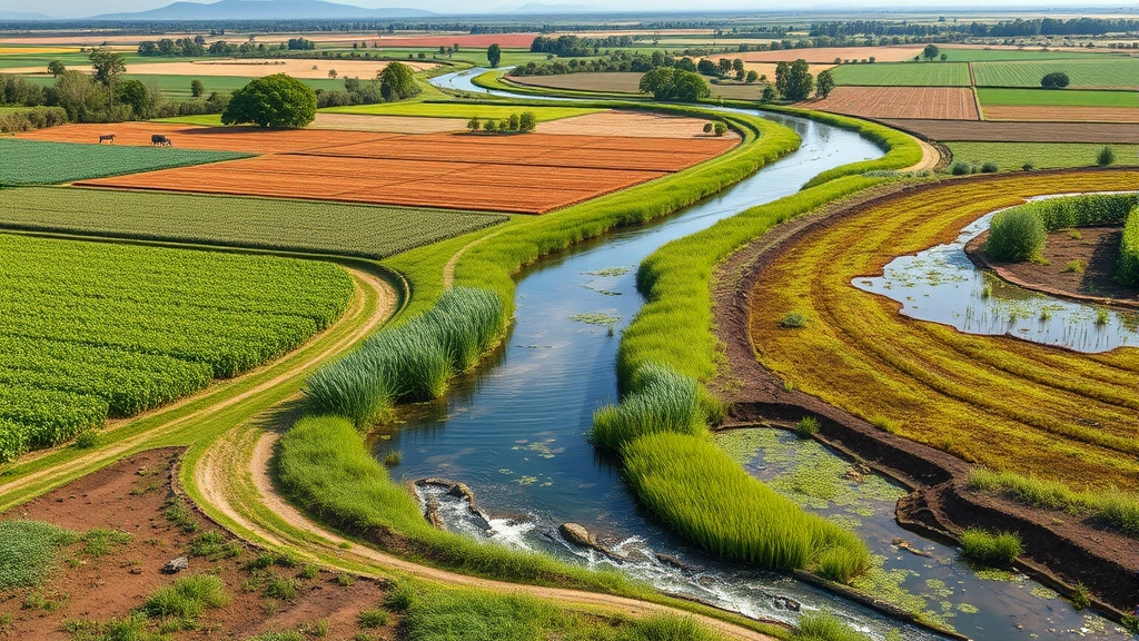 Photorealistic landscape of restored agricultural watershed with diverse crop fields, riparian buffer zones with native vegetation, wetland areas supporting wildlife, clean water flowing through healthy soil, demonstrating integrated ecosystem service provision, no charts or text elements