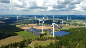 Aerial view of European renewable energy infrastructure: wind turbines and solar panels interspersed across agricultural and forested landscape under partly cloudy sky, showing integration of clean energy with natural ecosystems