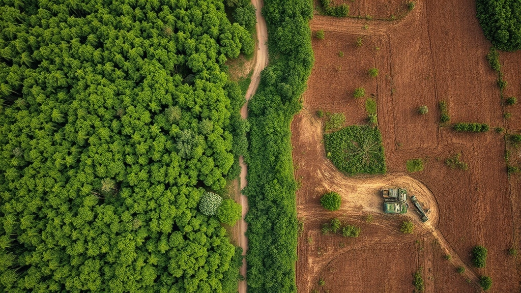 Aerial view of deforestation boundary showing intact rainforest transitioning to cleared agricultural land, with machinery and cleared patches visible, natural lighting, photorealistic