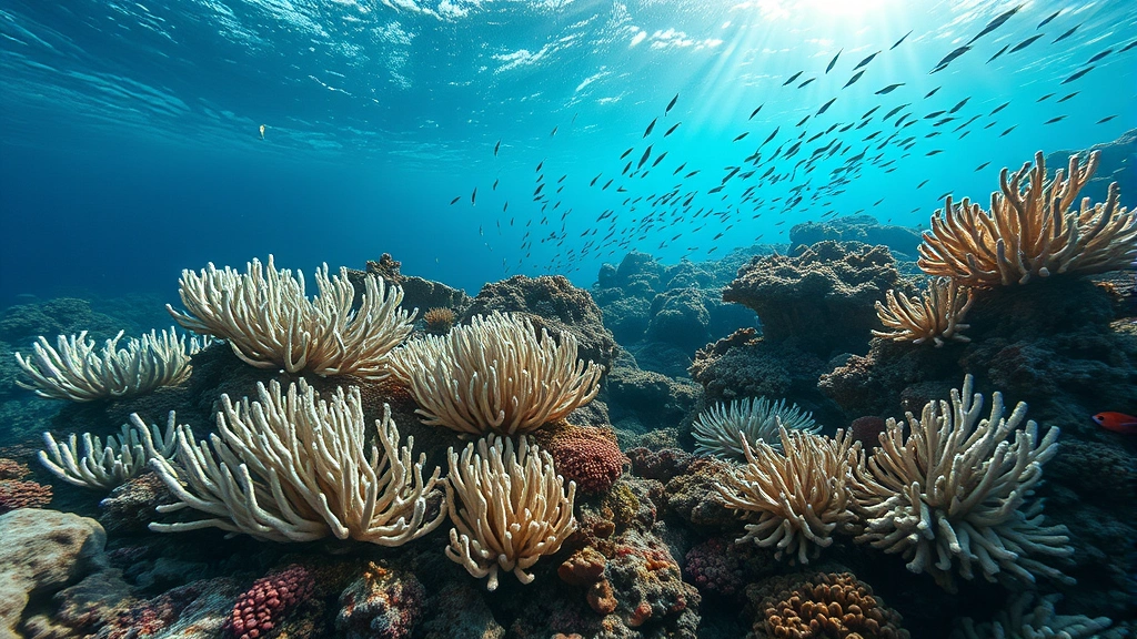 Underwater coral reef ecosystem with bleached and healthy corals, fish schools, and sunlight filtering through water, showing environmental degradation contrast, photorealistic