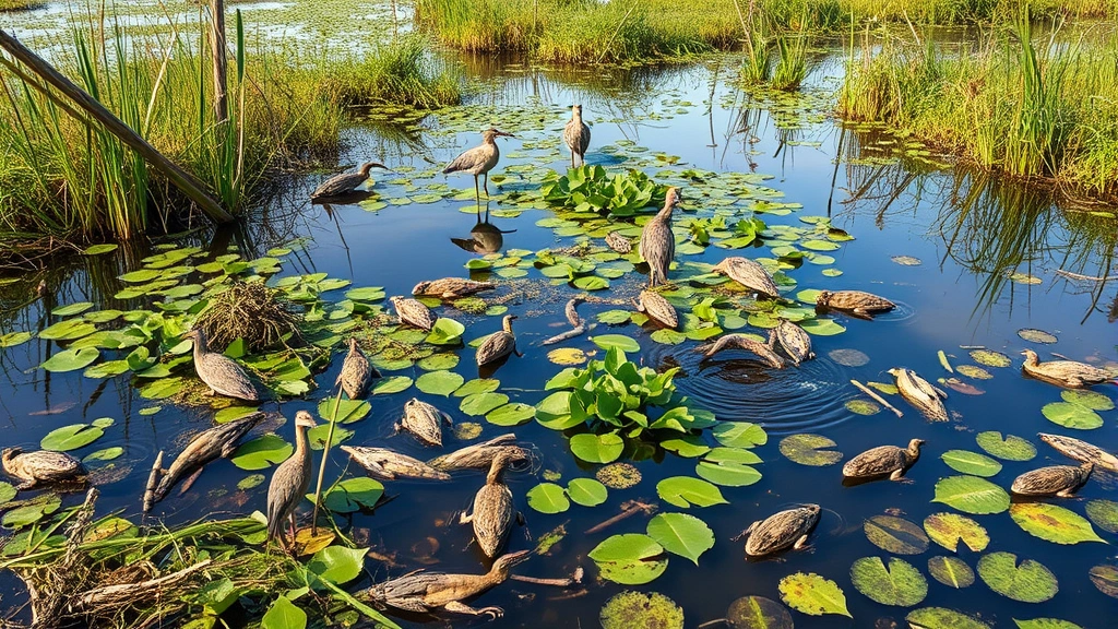 Restored wetland ecosystem with native vegetation, water, wildlife including birds and amphibians, showing successful ecological recovery, natural wetland environment, photorealistic
