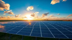 Solar panel array in sprawling field at golden hour, rows of photovoltaic panels reflecting sunlight with clouds above, vibrant blue sky, no text or labels visible, photorealistic quality showing clean renewable energy infrastructure