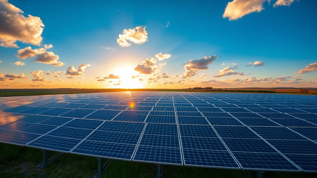 Solar panel array in sprawling field at golden hour, rows of photovoltaic panels reflecting sunlight with clouds above, vibrant blue sky, no text or labels visible, photorealistic quality showing clean renewable energy infrastructure