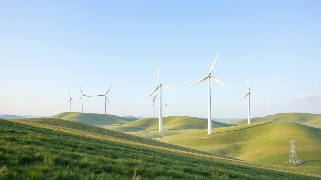 Modern wind turbines positioned across green rolling hills landscape with grassland in foreground, clear sky with minimal clouds, turbines generating clean electricity, wide-angle perspective showing sustainable energy production scale