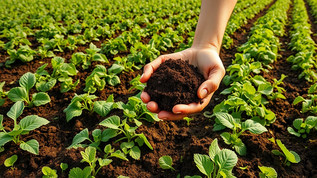 Lush regenerative agriculture field with diverse crops, healthy soil visible, farmer's hands holding rich dark earth, organic farming landscape with natural biodiversity, warm natural lighting, photorealistic without charts or text