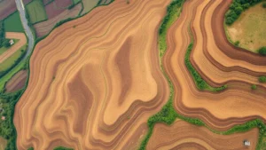 Aerial view of contoured terraced agricultural fields with erosion gullies visible on tilled slopes contrasting with vegetated areas, showing water runoff patterns during rainfall on degraded brown soil