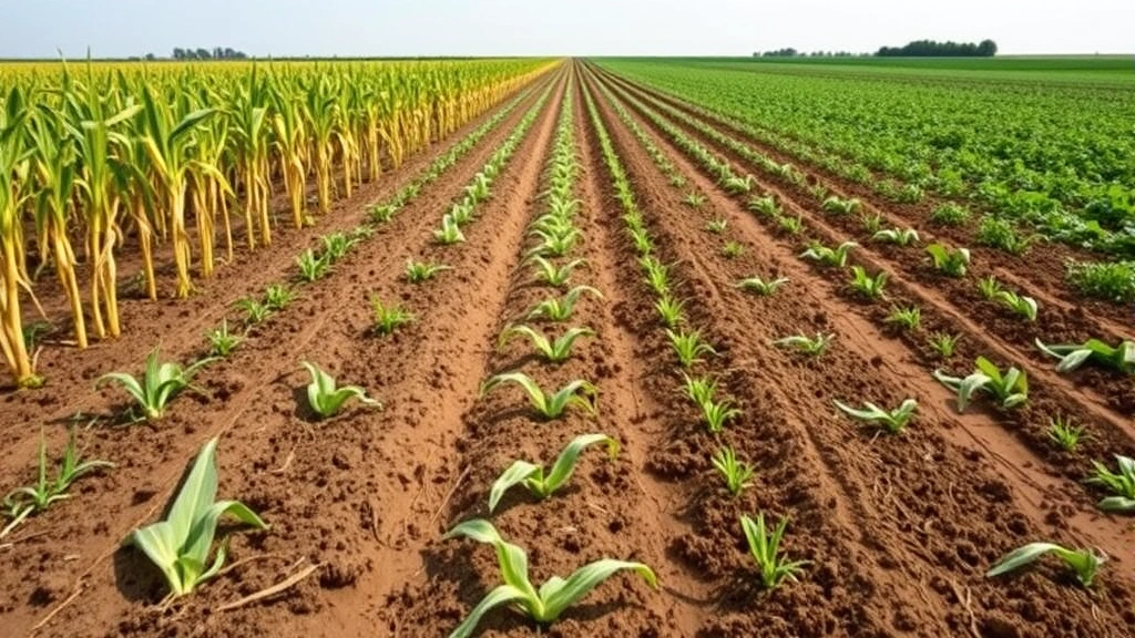 Wide landscape photograph of conventional monoculture corn field with bare exposed soil between rows in foreground, transitioning to regenerative no-till field with cover crops and living mulch in background showing vegetation coverage