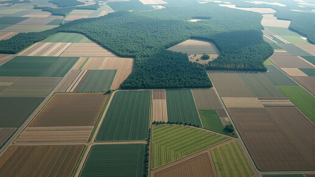 Aerial view of industrial agricultural monoculture fields with geometric patterns contrasting sharply with natural forest fragments in background, showing landscape fragmentation and ecosystem simplification