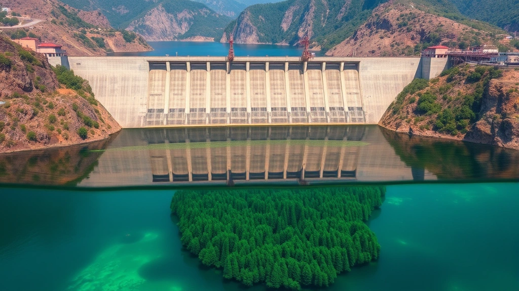 Hydroelectric dam creating artificial reservoir with submerged forest visible underwater, concrete structure dominating landscape, demonstrating large-scale ecosystem manipulation and water system control