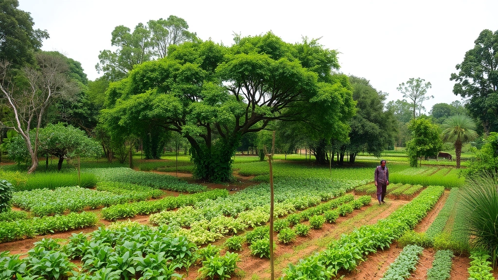 Diverse agroforestry system with mixed crops, trees, and understory vegetation growing together in natural patterns, farmers working sustainably, representing alternative ecosystem management approach
