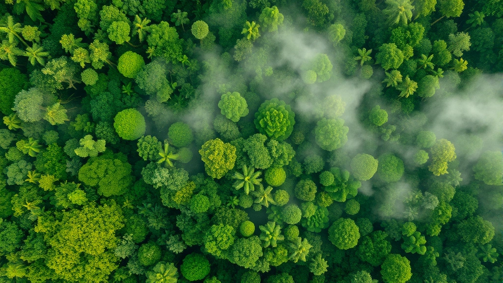 Aerial view of tropical forest canopy with mist rising, diverse green vegetation creating natural texture patterns, sunlight filtering through layers of trees, representing biodiversity and carbon sequestration value