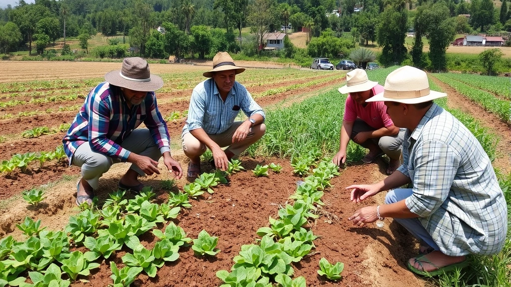Rural farmers examining soil health in agricultural field with regenerative practices, diverse crop rotation visible, natural water retention features, community members working together on sustainable land management