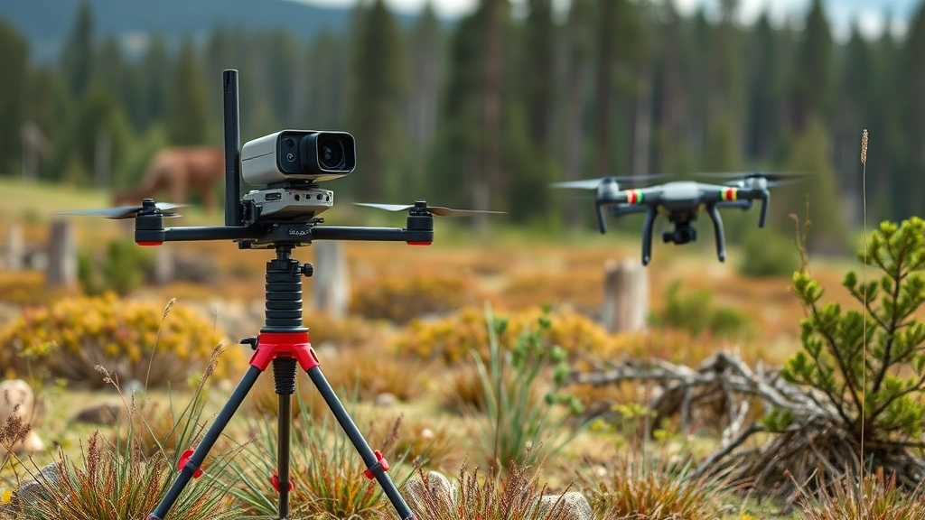 Modern monitoring equipment and technology in natural landscape setting, drone or sensor equipment positioned to track environmental metrics, forest or watershed background, representing data-driven ecosystem management and verification systems