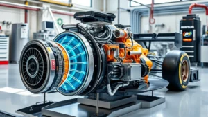 Modern hybrid F1 engine with energy recovery systems showing kinetic energy conversion from braking and exhaust heat, technological innovation in motorsport sustainability, high-tech automotive engineering laboratory setting with natural lighting
