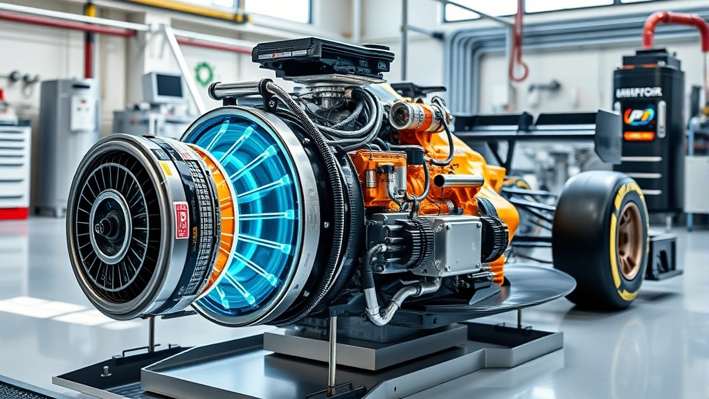 Modern hybrid F1 engine with energy recovery systems showing kinetic energy conversion from braking and exhaust heat, technological innovation in motorsport sustainability, high-tech automotive engineering laboratory setting with natural lighting