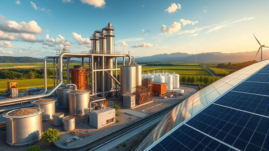 Industrial sustainable fuel production facility processing agricultural biomass and waste materials, renewable energy infrastructure with solar panels, green technology manufacturing against natural landscape backdrop