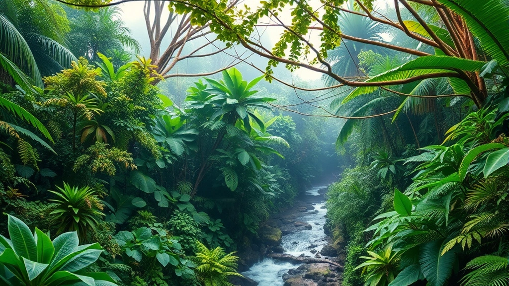 Lush tropical rainforest canopy with diverse vegetation and flowing stream, morning mist between trees, vibrant green ecosystem thriving in natural state