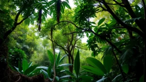 Lush tropical rainforest canopy with diverse vegetation layers, dappled sunlight filtering through leaves, showing ecosystem complexity and biodiversity