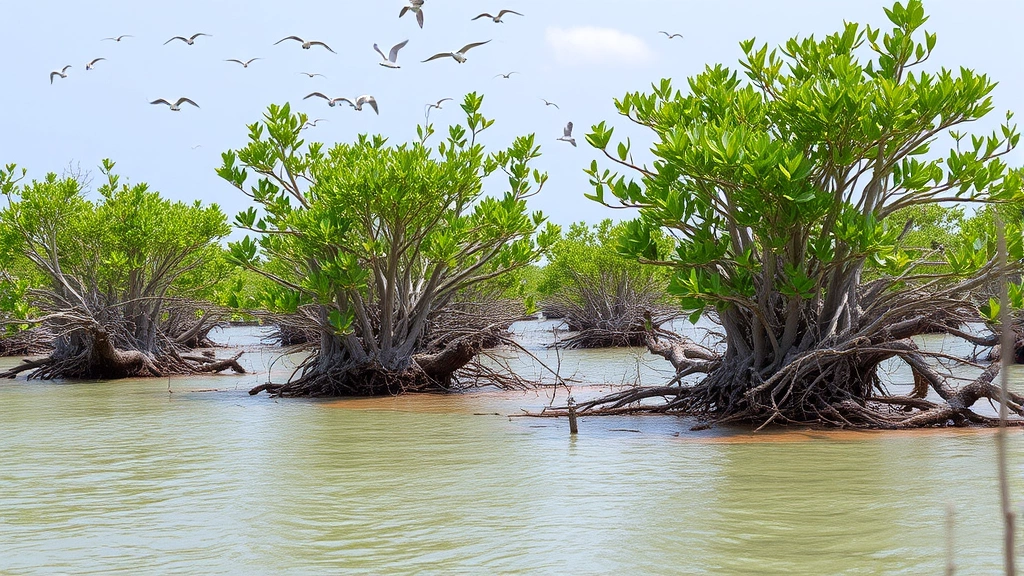 Healthy mangrove forest with exposed root systems in shallow coastal water, birds flying overhead, showing natural coastal protection and carbon storage