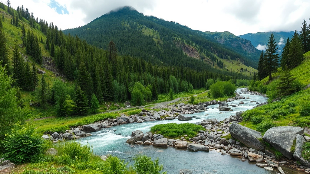 Mountain watershed landscape with forested slopes, flowing streams, and green vegetation demonstrating water filtration and hydrological services