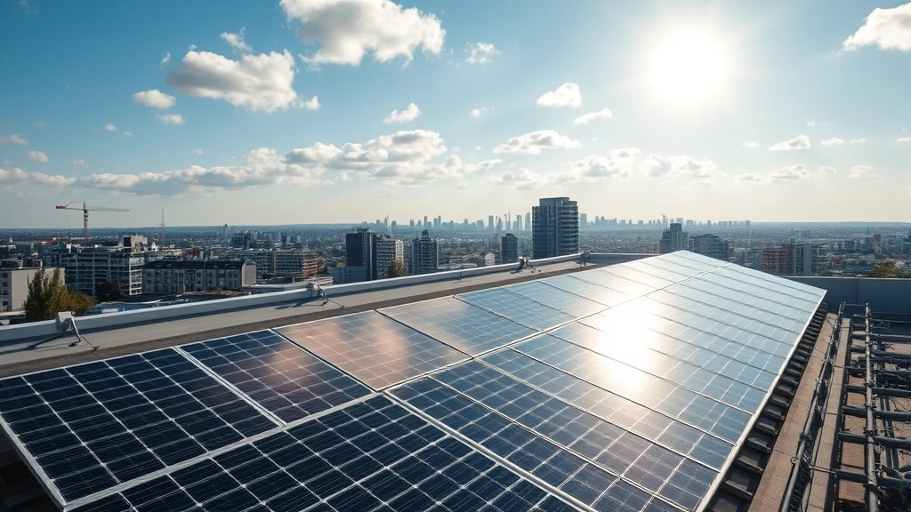 Solar panels gleaming under bright sunlight on modern rooftop, urban skyline visible below, clean energy generation infrastructure, photorealistic detail, blue sky with scattered clouds, no text or labels