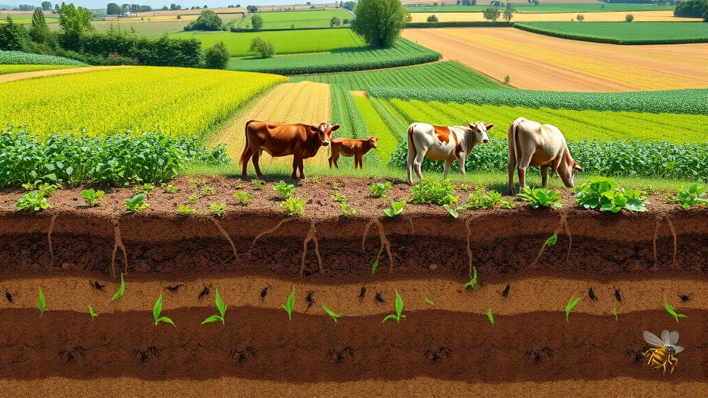 Lush regenerative farm landscape with diverse crops and livestock grazing together, healthy soil visible in cross-section, thriving ecosystem with pollinators, natural beauty demonstrating agricultural sustainability, no text overlays