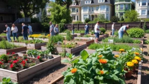 Vibrant community urban garden in San Francisco with raised beds, diverse vegetables, pollinator-filled flowers, residents tending plants, residential buildings and trees in background, natural daylight, people actively gardening