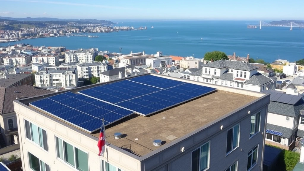 Rooftop solar panels on San Francisco building with bay views, multiple residential buildings with solar installations visible, blue sky, urban landscape integration, renewable energy infrastructure
