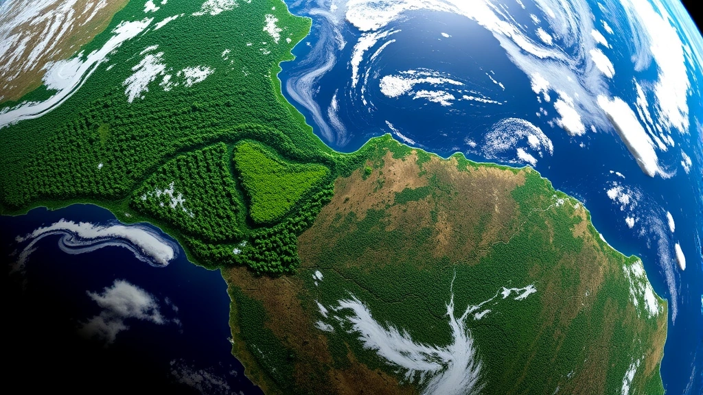 Satellite view of Earth showing deforestation patterns and remaining forest coverage, vibrant green forests contrasting with cleared brown areas, demonstrating environmental monitoring capabilities