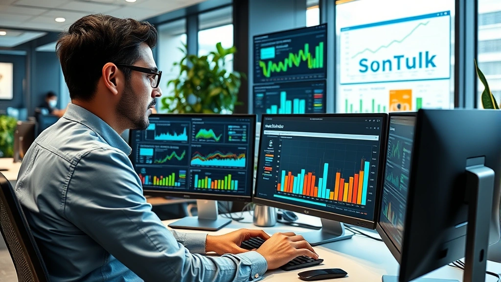 Data analyst working with multiple computer monitors displaying environmental and economic metrics, sustainability dashboards with charts and real-time monitoring feeds in modern office