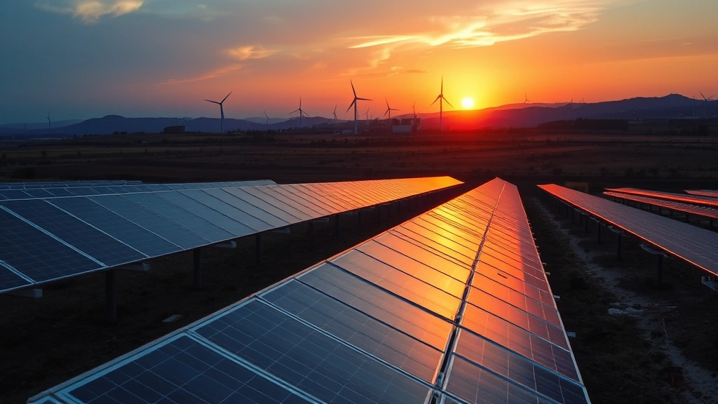 Renewable energy solar farm landscape at sunset with wind turbines in distance, showing technological infrastructure for sustainable economic transition and clean energy deployment
