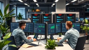 Photorealistic image of a software development team collaborating at modern workstations with multiple monitors displaying deployment dashboards and pipeline visualizations, servers and infrastructure components visible in background, professional office environment with green plants