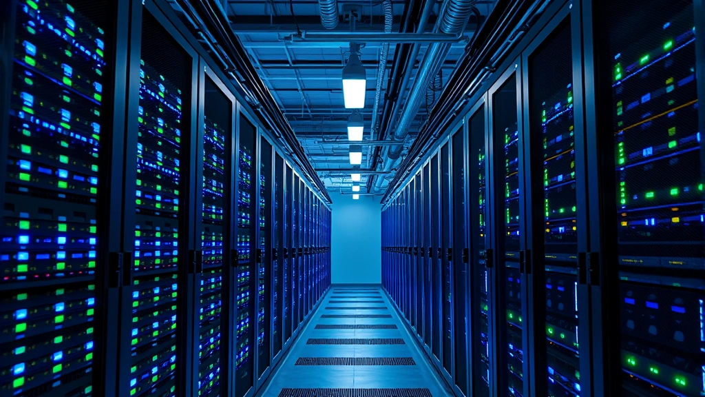 Photorealistic photograph of a data center with rows of server racks illuminated with blue and green LED indicators, cable management systems, cooling infrastructure visible, emphasizing technological complexity and resource management