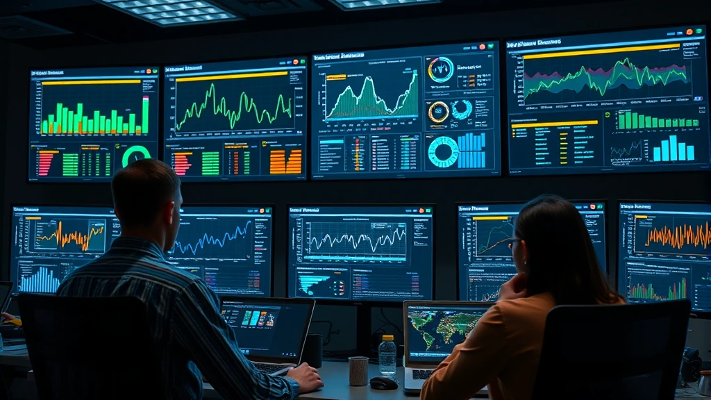 Photorealistic image of a network operations center with team members monitoring multiple large display screens showing real-time system metrics, deployment status dashboards, and performance graphs, collaborative environment with professional lighting