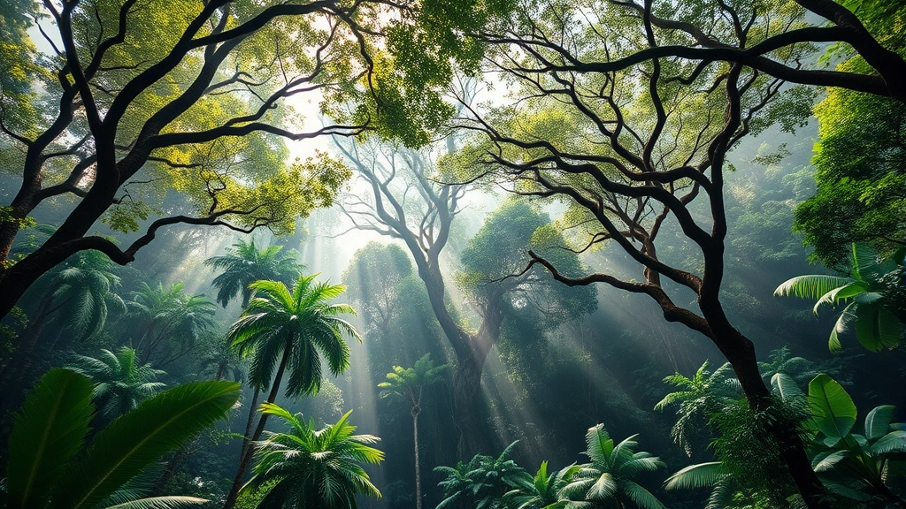 Pristine tropical rainforest canopy with diverse tree species, mist rising from dense vegetation, sunlight filtering through leaves, untouched wilderness landscape, photorealistic nature photography
