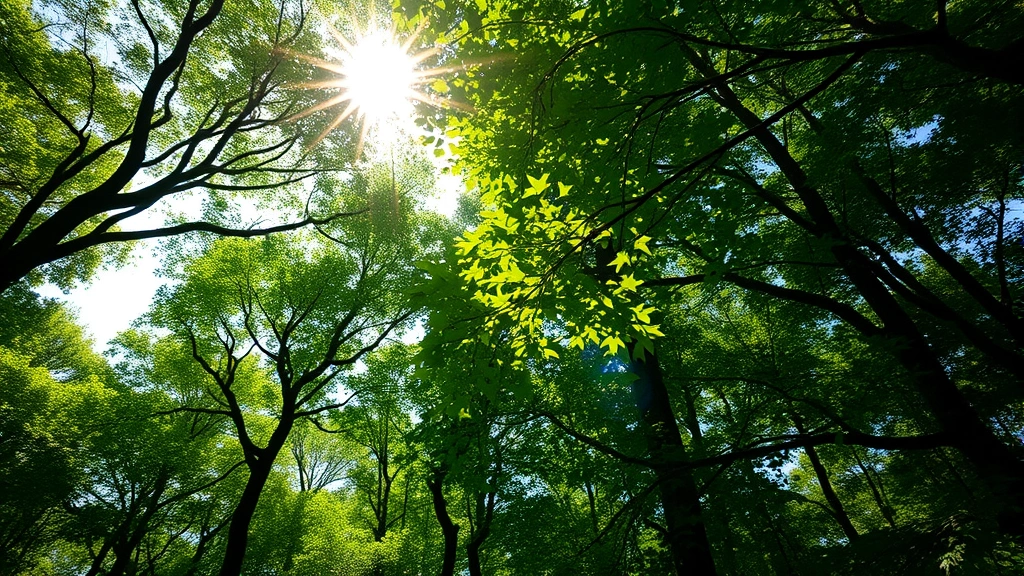 Lush forest canopy with sunlight filtering through leaves, representing environmental systems and data flow integration in natural ecosystems