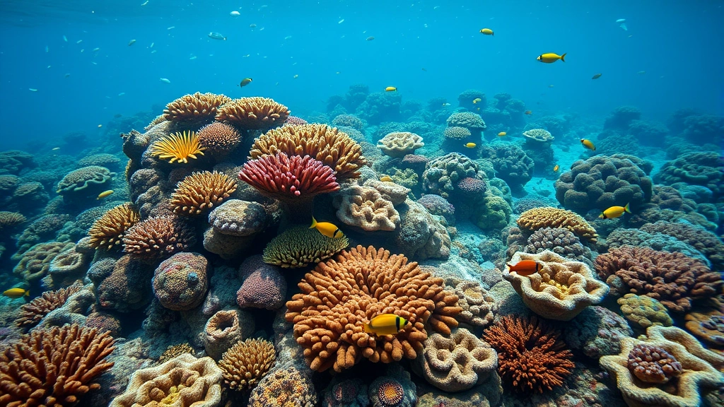 Underwater coral reef ecosystem with diverse marine life and complex interactions, symbolizing interconnected configuration systems and microservices architecture