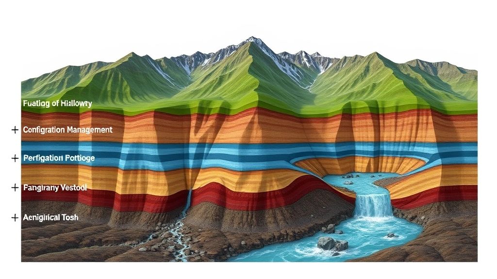 Mountain landscape with layered geological formations and flowing water systems, illustrating hierarchical configuration management and environmental variable propagation