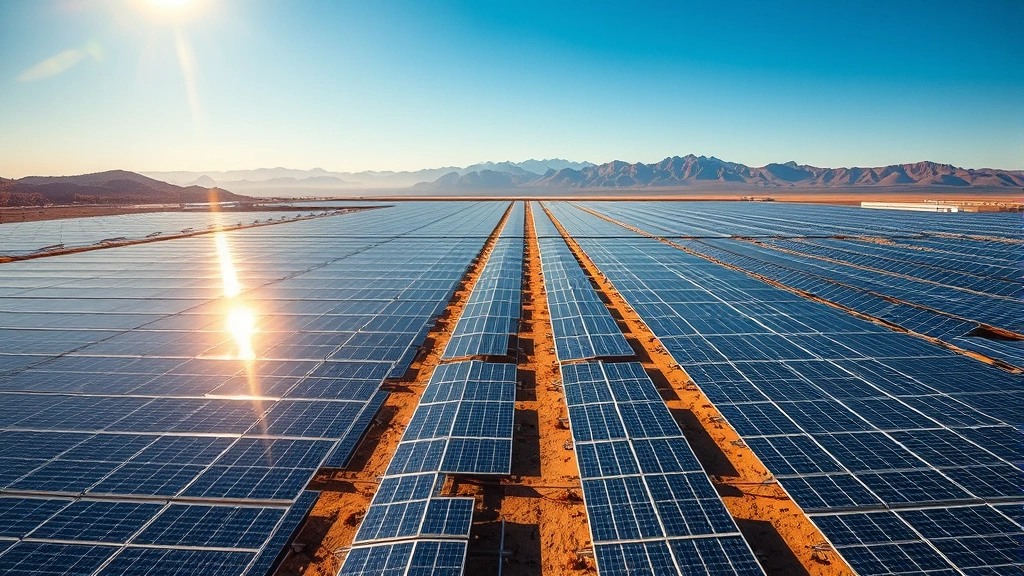 Aerial view of vast solar panel farm with mountains in background under bright sunlight, showing rows of gleaming photovoltaic arrays reflecting sky