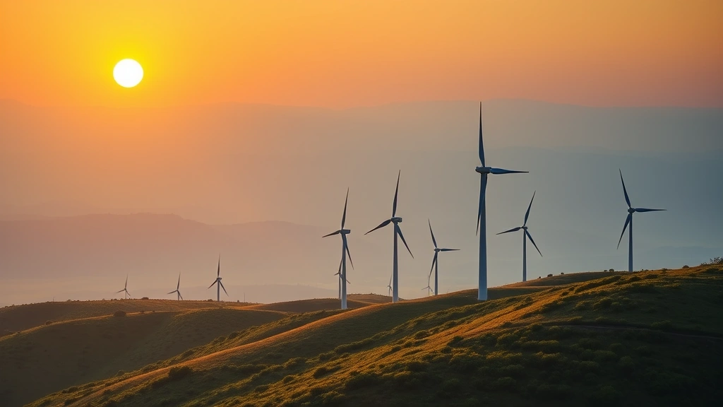 Wind turbines on rolling hillside during golden hour sunset, with green vegetation and natural landscape in foreground, multiple turbines generating clean power