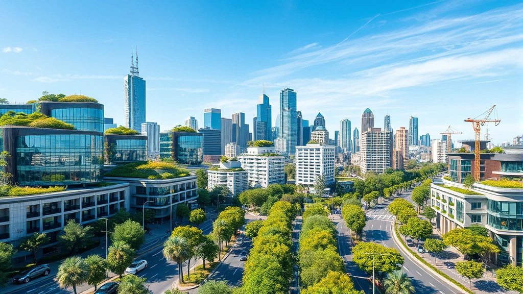Modern sustainable city skyline with green-roofed buildings, electric vehicles on streets, trees integrated throughout urban environment, clean blue sky overhead
