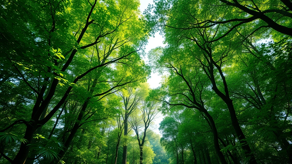 Lush forest canopy with sunlight filtering through dense green leaves, showing biodiversity and healthy ecosystem regeneration, photorealistic forest interior with varied tree species and understory vegetation