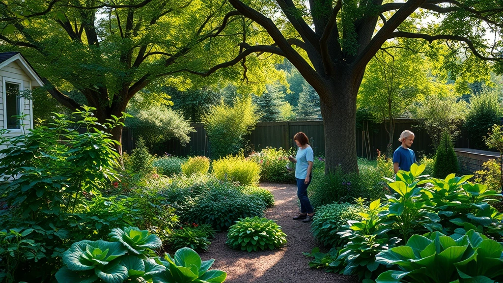 Lush residential garden with native plants, mature trees, and family members harvesting vegetables, bright natural light, abundant biodiversity visible