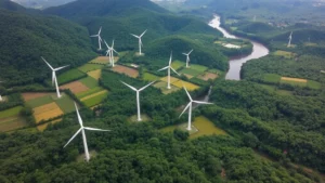 Aerial view of Costa Rican tropical rainforest with sustainable agriculture patches and renewable energy wind turbines integrated into landscape, lush green canopy with rivers visible
